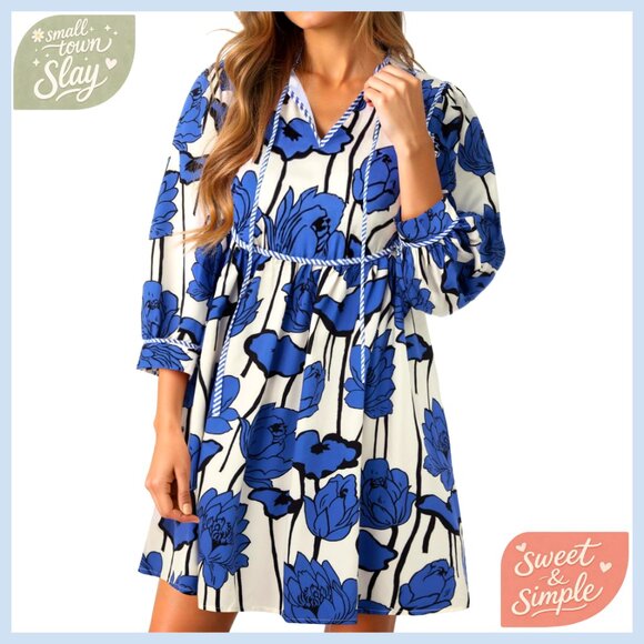 Dresses & Skirts - Floral Mini Dress with 3/4 Balloon Sleeves V-Neck Babydoll Summer Boho